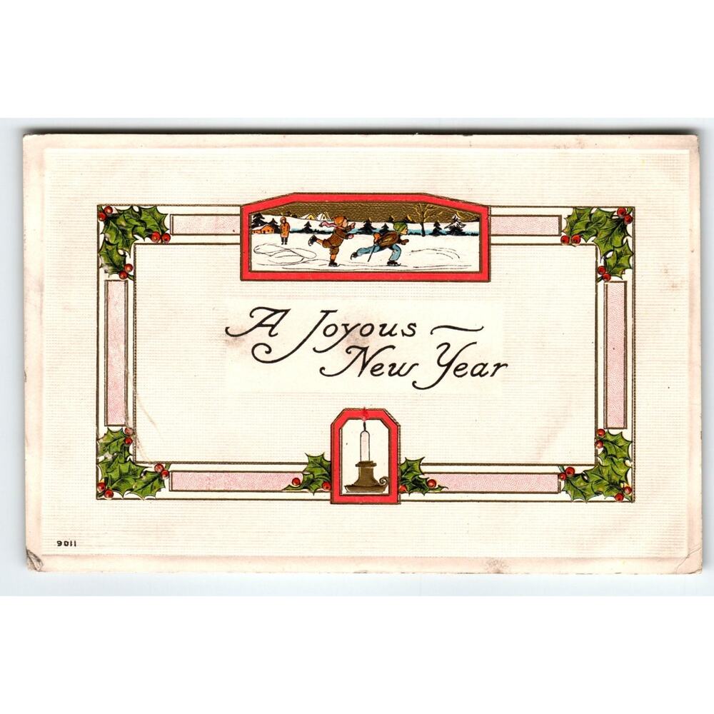 Vintage 1907-1915 Divided Back New Year Postcard with Ice Skating Scene